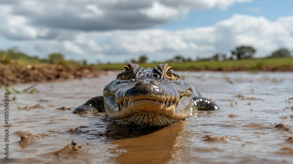 Obraz premium A crocodile lying in shallow water, its eyes barely above the surface, surrounded by a farm environment.