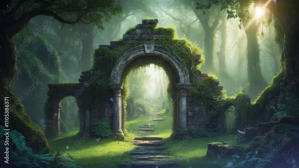 Enchanted ruins in a lush forest, illuminated by soft light, inviting exploration and wonder. Enchanted ruins in a lush forest, illuminated by soft light, inviting exploration and wonder.