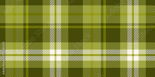 Seamless pattern presents a classic plaid design in shades of green and white color, with intersecting lines and squares that create a traditional tartan appearance.