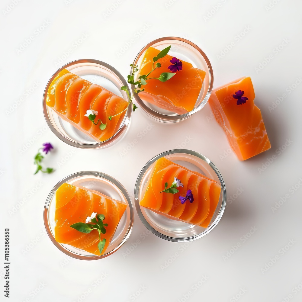 Fototapeta premium Elegant salmon bites, a gourmet appetizer, seen from above.