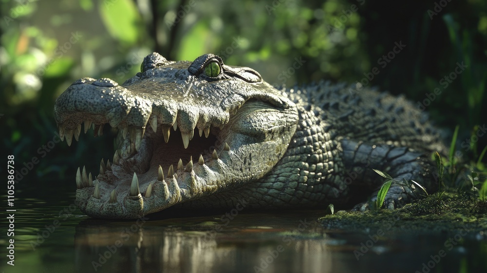 Fototapeta premium A crocodile with its mouth open, showing sharp teeth, resting near a pond in a controlled farm habitat.