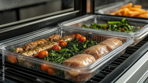 Grilled Meat, Vegetables, and Tomatoes in a Plastic Container