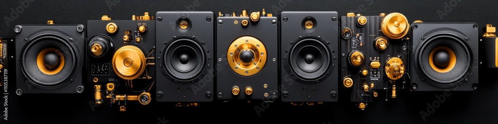 A sleek arrangement of black and gold audio speakers showcasing high-fidelity sound system components in a modern design A sleek arrangement of black and gold audio speakers showcasing high-fidelity sound system components in a modern design