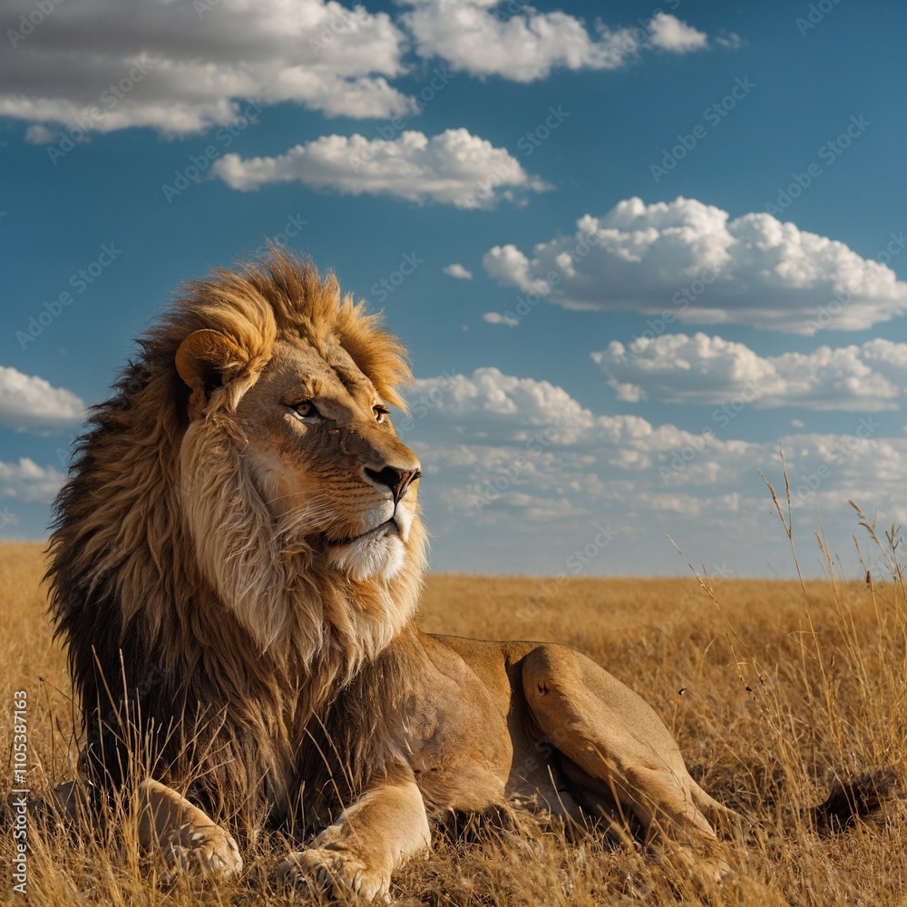 Fototapeta premium A regal lion sitting in a golden savanna under a bright blue sky.