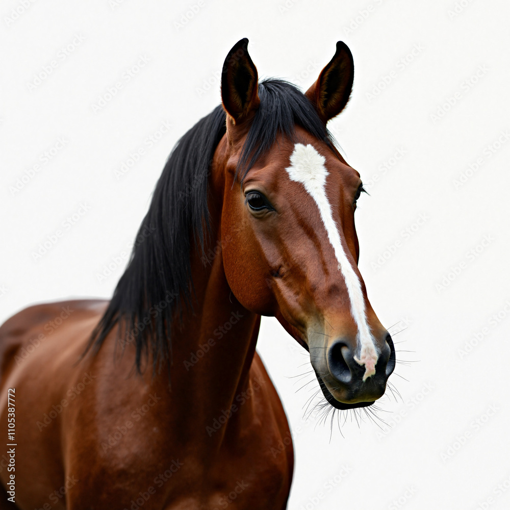 A photograph of a brown horse with a white blaze on its face, black mane, and expressive eyes. A photograph of a brown horse with a white blaze on its face, black mane, and expressive eyes.