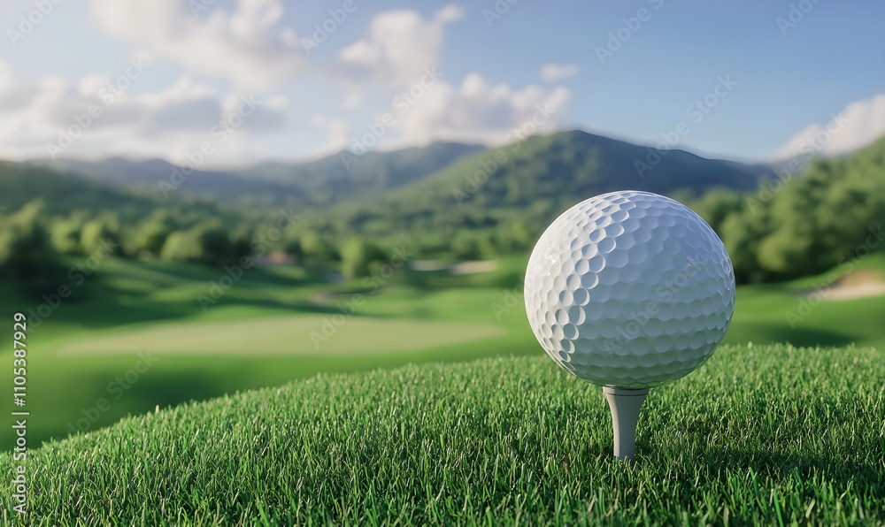 A golf ball in focus sitting on a tee with a beautiful green golf course in the background A golf ball in focus sitting on a tee with a beautiful green golf course in the background