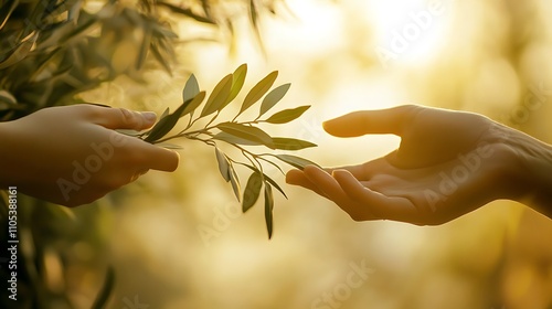 A hand extending a branch of olive leaves to another hand, intricate and detailed clipart style, soft neutral tones with a warm golden glow, human rights day concept
