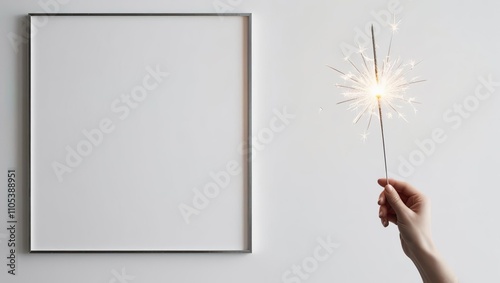 Burning sparkler in hand, banner, light background photo