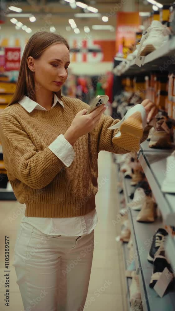 A woman wearing a cozy sweater browses through a selection of shoes in a bustling store, carefully examining options while holding her phone for reference. A woman wearing a cozy sweater browses through a selection of shoes in a bustling store, carefully examining options while holding her phone for reference.