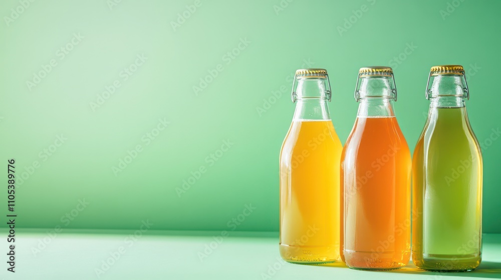 A refreshing kombucha drink with vibrant tones, set on a serene green backdrop for vitality A refreshing kombucha drink with vibrant tones, set on a serene green backdrop for vitality