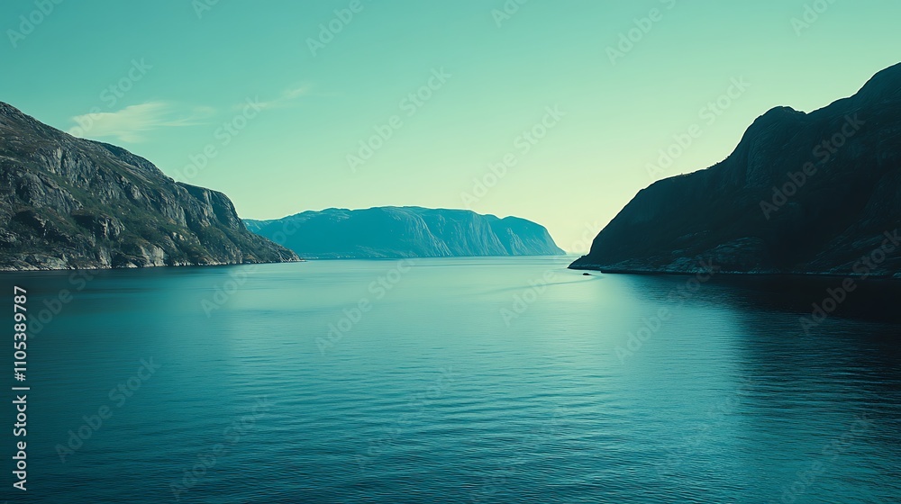 Naklejka premium A high vantage point view of a mountain fjord meeting a serene blue sea