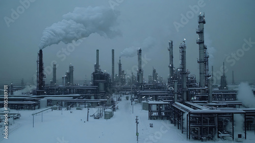 A winter oil refinery with smoke plumes, snowy pipes, and storage tanks under a gray sky.