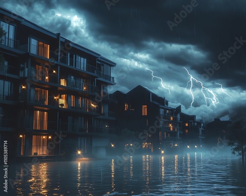 Stormy night with lightning over city buildings.