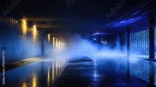 Mysterious and moody scene of a walkway bathed in blue and gold light, shrouded in fog. The architecture is modern and sleek.