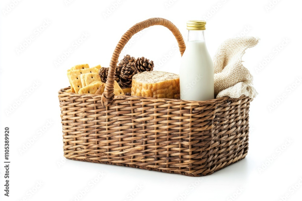 Wicker Basket Holds Bread Milk Crackers and Pinecones Wicker Basket Holds Bread Milk Crackers and Pinecones