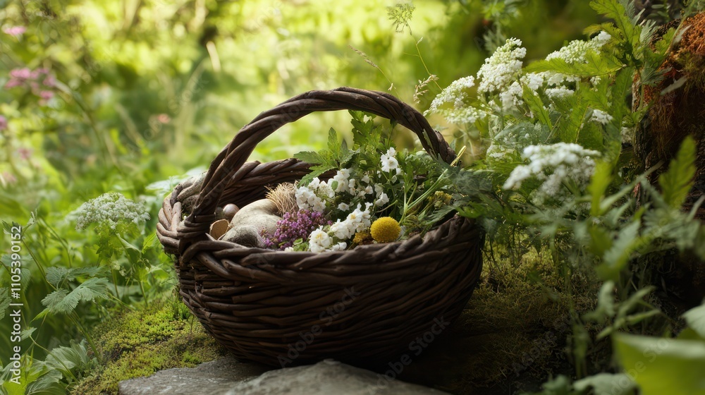 A rustic basket filled with freshly foraged ingredients, framed by a vibrant green environment for sustainability A rustic basket filled with freshly foraged ingredients, framed by a vibrant green environment for sustainability