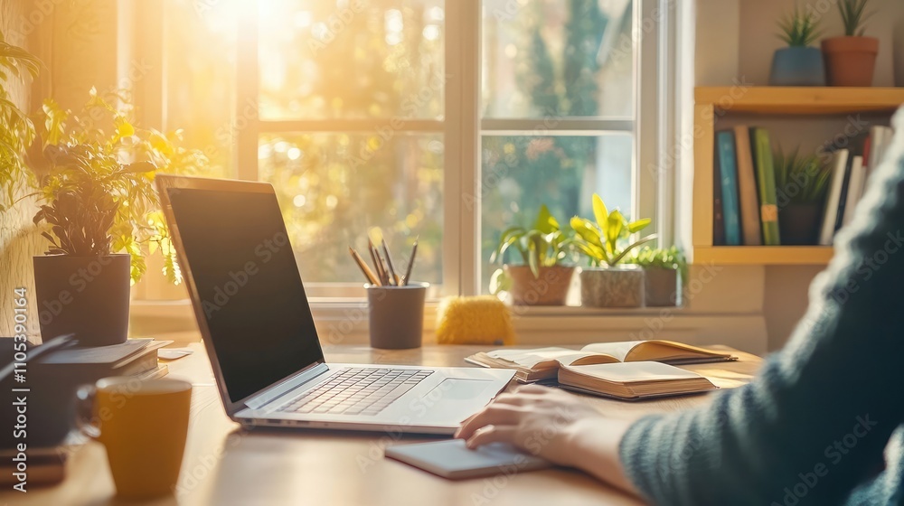 A person sits at a desk by a window, working on a laptop. The sun shines through the window, illuminating the workspace. A person sits at a desk by a window, working on a laptop. The sun shines through the window, illuminating the workspace.