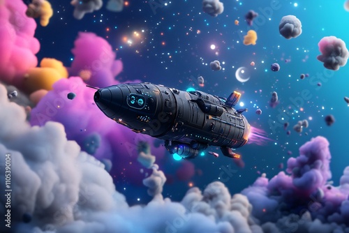 A futuristic spaceship navigates through colorful clouds and cosmic elements, illuminated by vibrant lights in a dreamlike space environment. photo