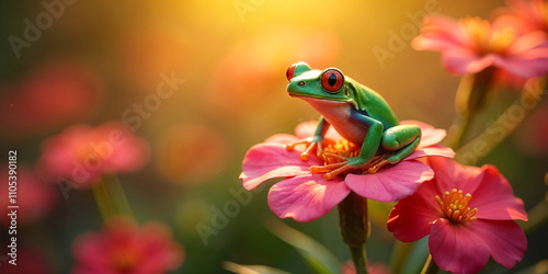 A colorful tree frog sits on a green leaf Frogs in nature photo