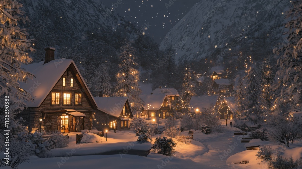 Snowy village scene at night, warm lights glowing from cozy houses ...