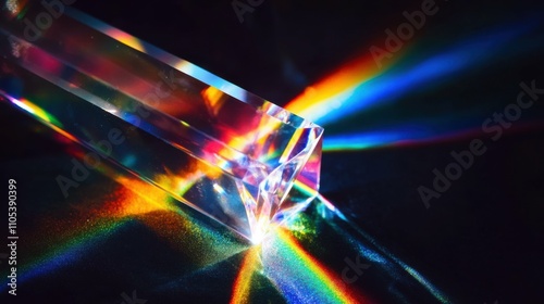 Close-up of a shining crystal prism reflecting spectrum colors, black velvet background, sharp light, abstract concept, pure clarity and radiance
