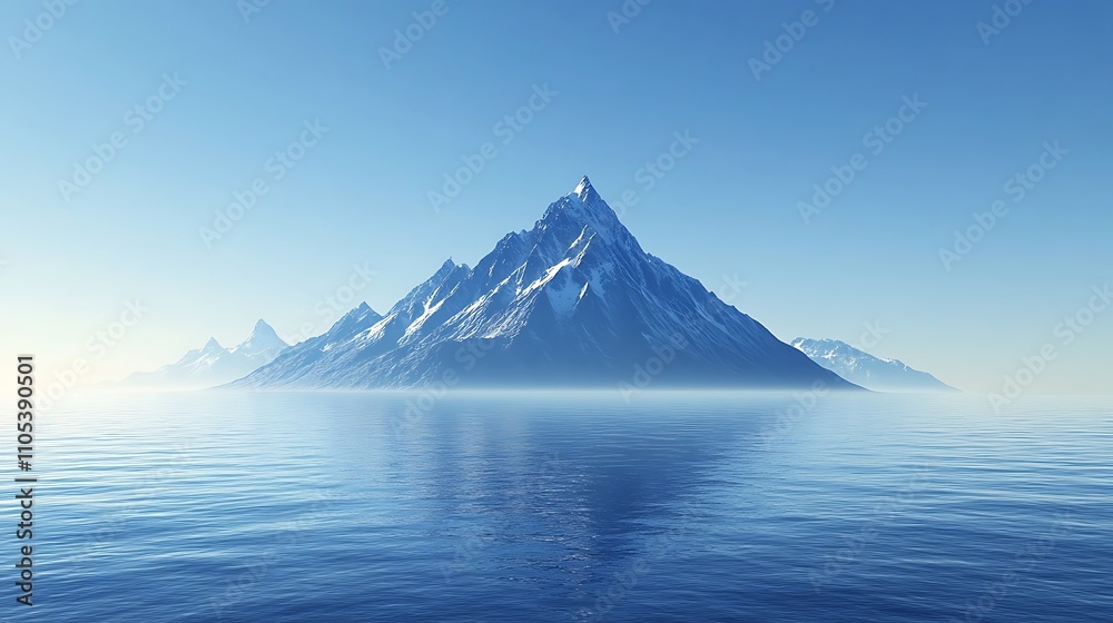 An isolated mountain peak rising sharply from the ocean under a clear sky An isolated mountain peak rising sharply from the ocean under a clear sky