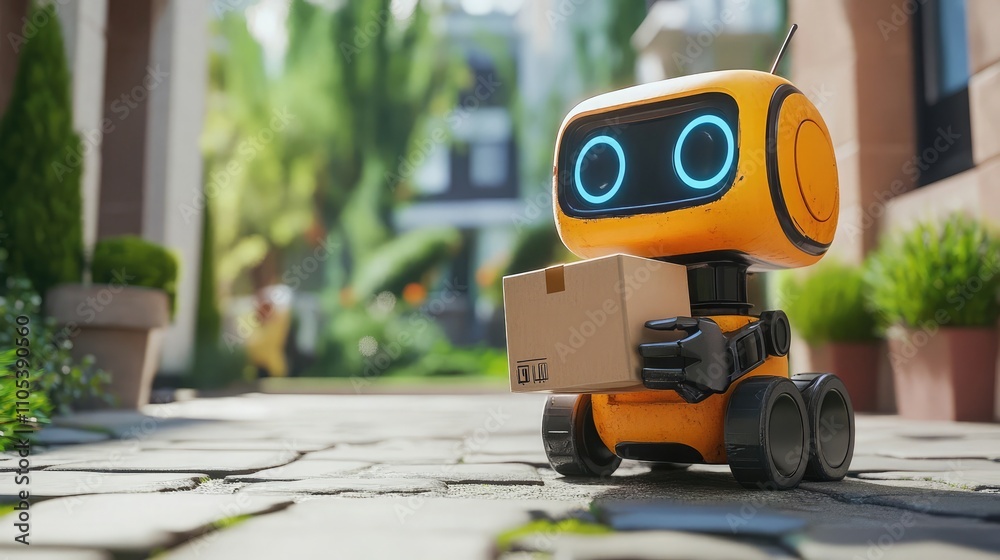 Adorable orange robot delivering a package on a sunny day. Future of delivery? Adorable orange robot delivering a package on a sunny day. Future of delivery?