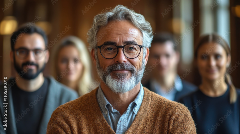 A smiling elderly man with a gray beard stands confidently in front of a diverse group of young professionals in an indoor setting A smiling elderly man with a gray beard stands confidently in front of a diverse group of young professionals in an indoor setting