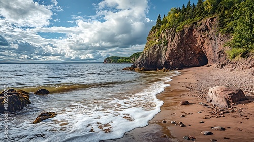 A sandy cove sheltered by rocky cliffs with small waves lapping the shore