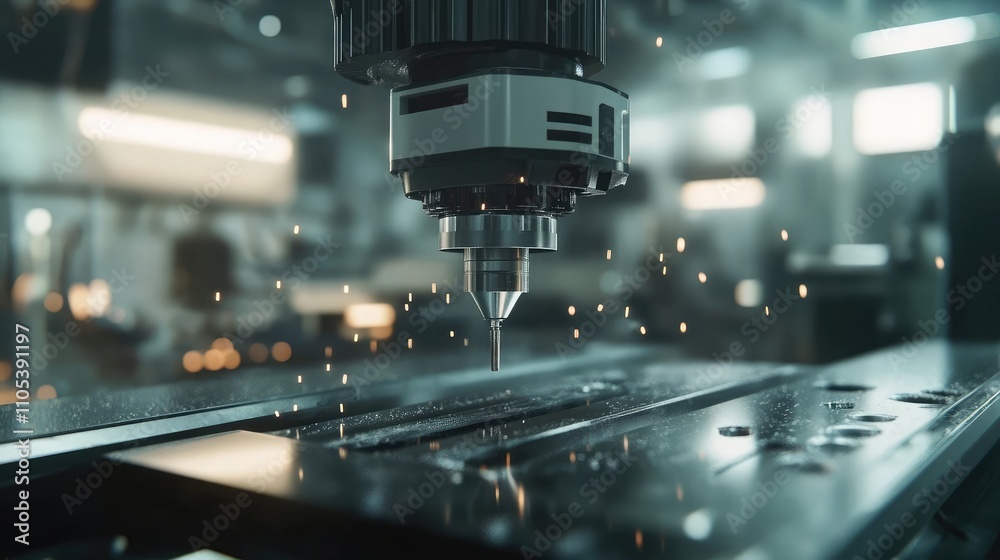 Close-up view of a CNC machine meticulously working on a metallic surface, sparks flying in the air. The image showcases precision engineering and industrial technology. Close-up view of a CNC machine meticulously working on a metallic surface, sparks flying in the air. The image showcases precision engineering and industrial technology.