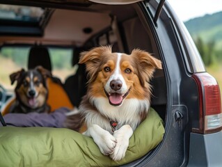 Two dogs enjoy car trip. Happy dogs in car trunk. Pets relaxing. Family vacation. Camping adventure in car. Outdoor fun. Pet owners enjoy pets in nature.