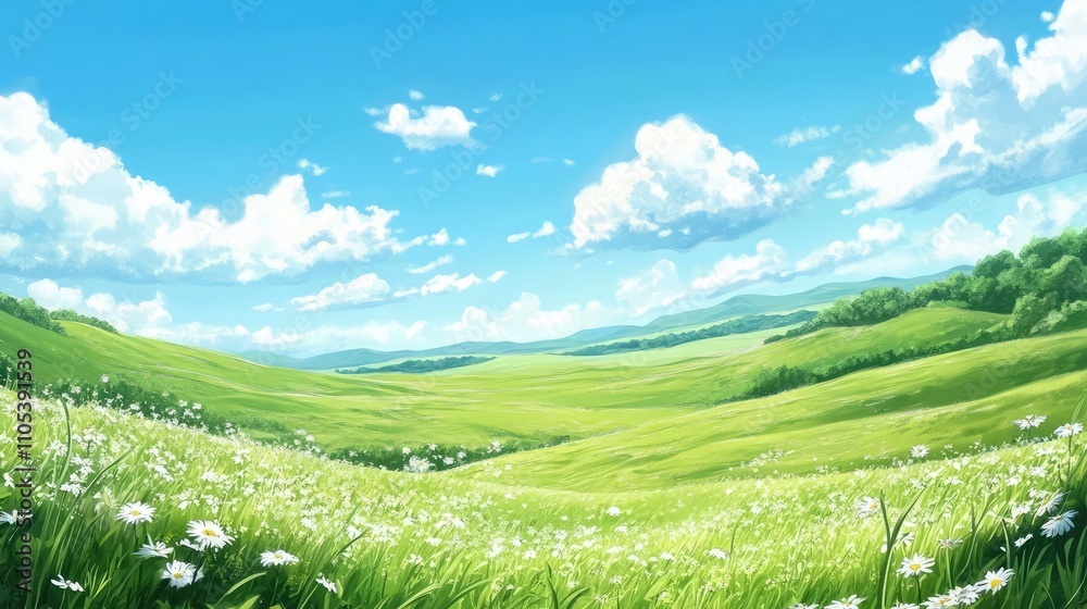 Naklejka premium Rolling green hills with scattered wildflowers under a bright blue sky
