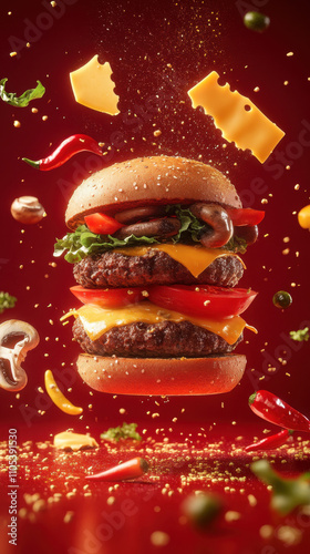 A vibrant burger poster design set against a vivid red backdrop, with floating cheese, mushrooms, and chili peppers, creating a dynamic, cinematic effect using an 85mm focal lens