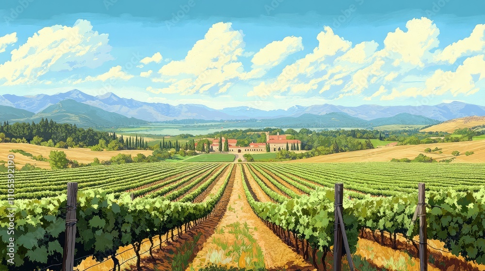 Fototapeta premium Scenic vineyard landscape with rows of grapevines and a distant winery