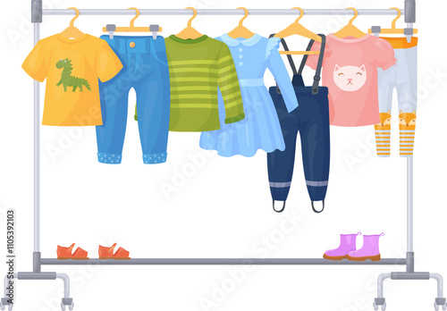 Wardrobe hanger with kid clothes. Children fashion apparel