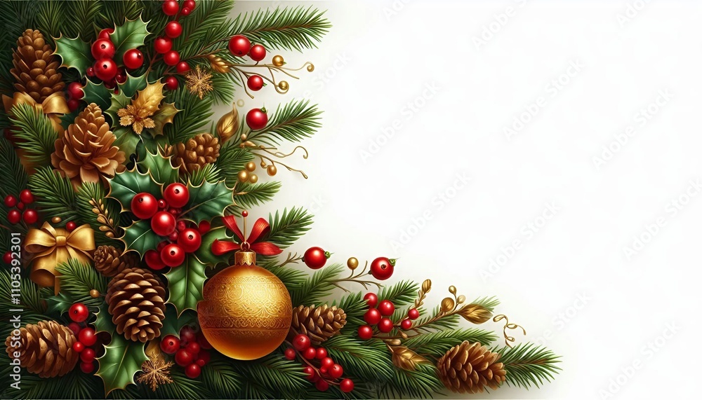 Fototapeta premium A festive Christmas border with pine branches, holly berries, and a golden ornament