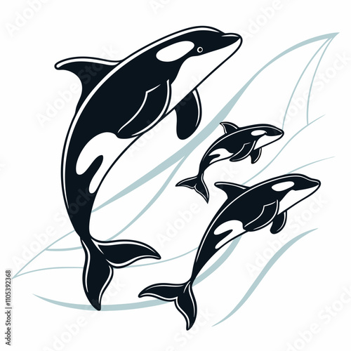 Dynamic black-and-white orca whale design showcasing leaping poses, blending simplicity with powerful movement.