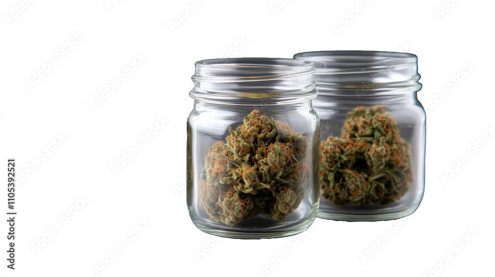 Cannabis buds in glass jars with transparent background for visual clarity Cannabis buds in glass jars with transparent background for visual clarity