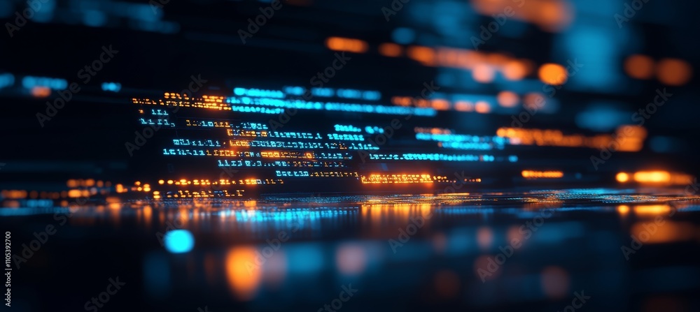 Glowing Blue and Orange Computer Code on a Black Background, Digital Technology Concept Glowing Blue and Orange Computer Code on a Black Background, Digital Technology Concept