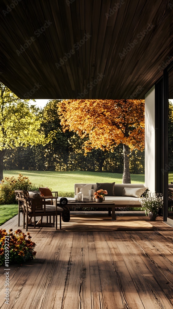Obraz premium A sunroom with large windows, a wooden floor, and a table in the center of it overlooking a green lawn and trees