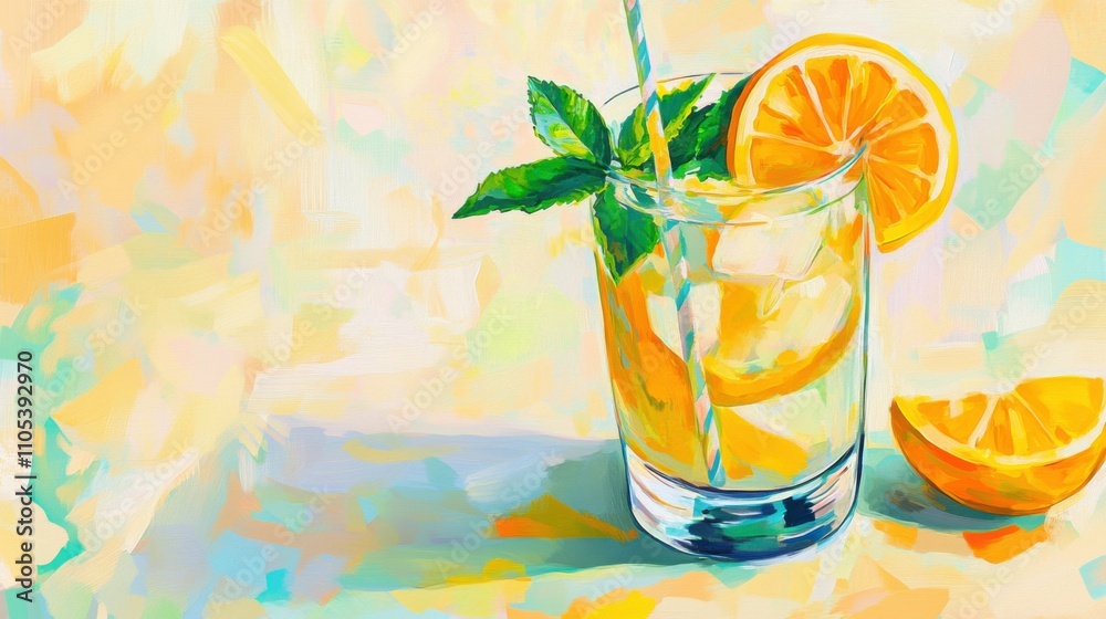 A refreshing glass of iced lemonade with lemon slices and mint leaves, perfect for a hot summer day, vibrant and cooling, served with a straw, bright background.