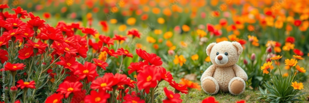 Blue teddy bear surrounded by orange and red flowers in a bright orange field, peaceful, colorful Blue teddy bear surrounded by orange and red flowers in a bright orange field, peaceful, colorful
