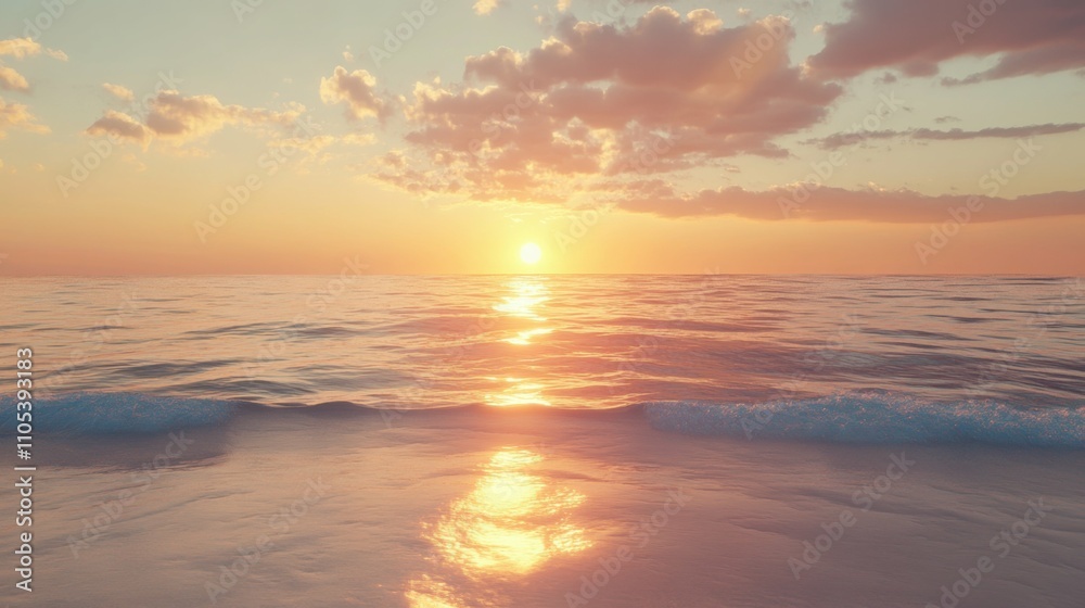 Vibrant sunset over ocean horizon, sky filled with warm colors reflecting on calm water, smooth waves with soft ripples, serene and picturesque scene Vibrant sunset over ocean horizon, sky filled with warm colors reflecting on calm water, smooth waves with soft ripples, serene and picturesque scene