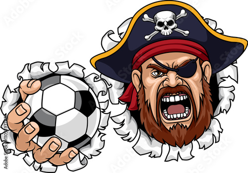 A Pirate man holding Soccer Football ball sports team cartoon character mascot illustration.