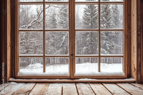 Snowy Winter Landscape Viewed Through a Wooden Window