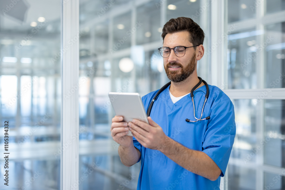 Doctor using tablet in hospital setting. Medical professional smiling while utilizing digital technology for healthcare. Stethoscope around neck symbolizes commitment to care. Doctor using tablet in hospital setting. Medical professional smiling while utilizing digital technology for healthcare. Stethoscope around neck symbolizes commitment to care.