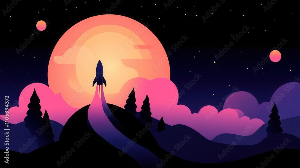 A silhouette rocket launching against a vibrant moonlit sky with stars and clouds A silhouette rocket launching against a vibrant moonlit sky with stars and clouds
