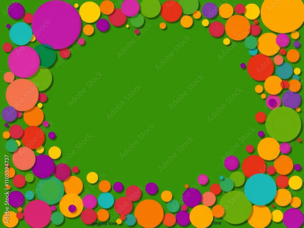 Chaotic arrangement of green circles creating a frame in the center, different sizes, decorative Chaotic arrangement of green circles creating a frame in the center, different sizes, decorative