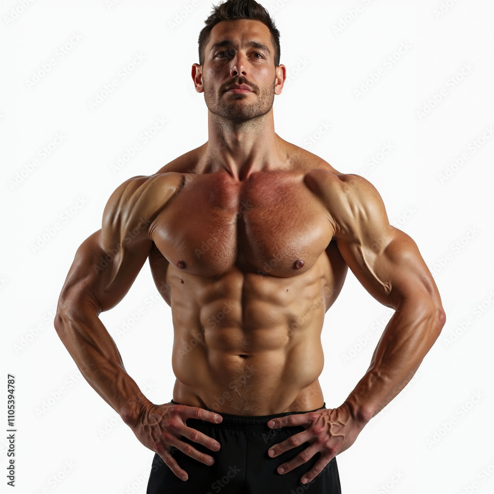 photo of a muscular man with hands on hips, looking at the camera, wearing black pants, white background, jpeg artifacts photo of a muscular man with hands on hips, looking at the camera, wearing black pants, white background, jpeg artifacts