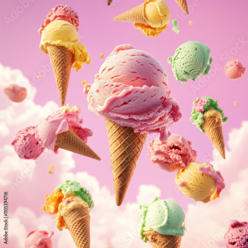 Floating ice cream cones in bright shades of pink, yellow, and green dance against a pastel sky, highlighted by a prominent pink double-scoop cone, evoking whimsy and fun
